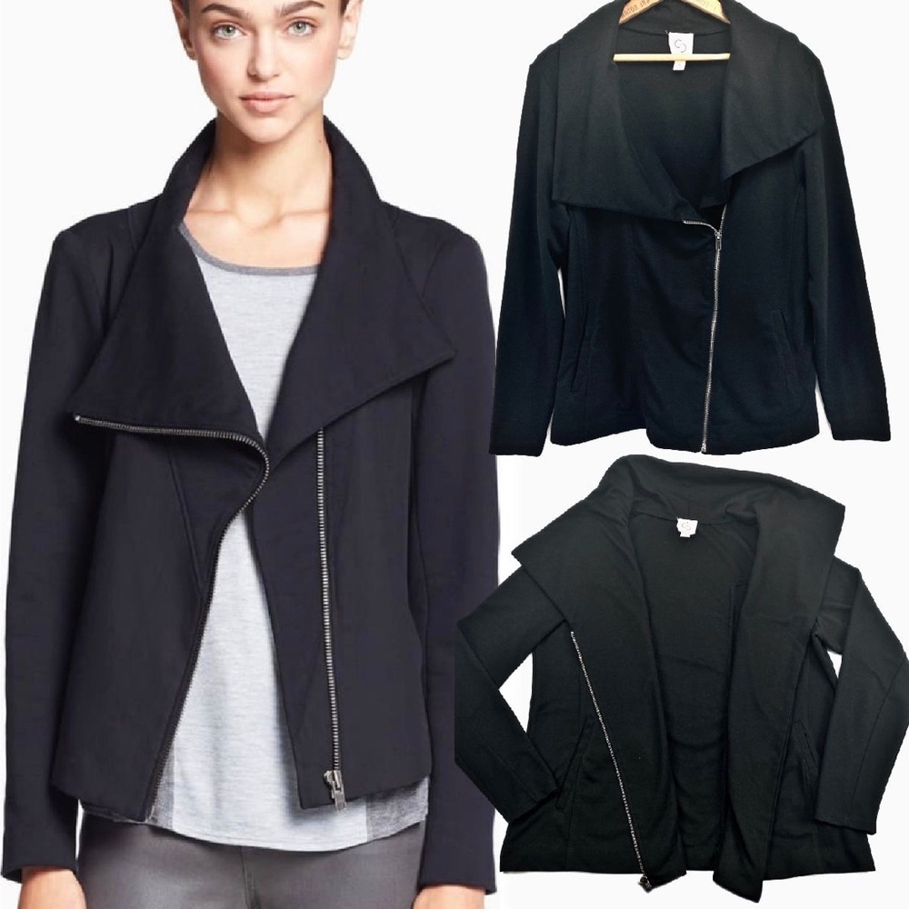 Black Jacket Front Side Zip Up Drape Collar XL